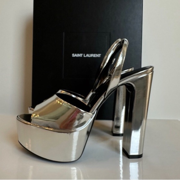NWT SAINT LAURENT Jodie Metallic 135 Patent Leather Platform Sandals Silver 39.5 - Picture 10 of 15